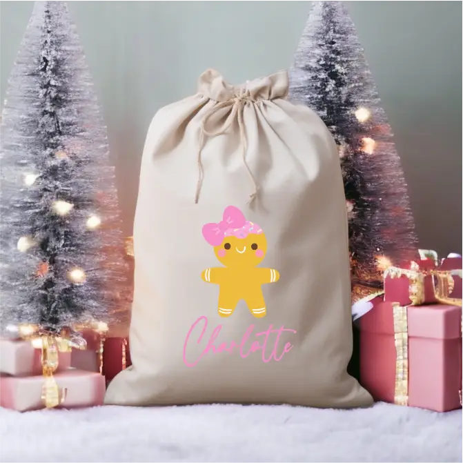 Personalised Linen Santa Sack - Gingerbread Christmas Girl