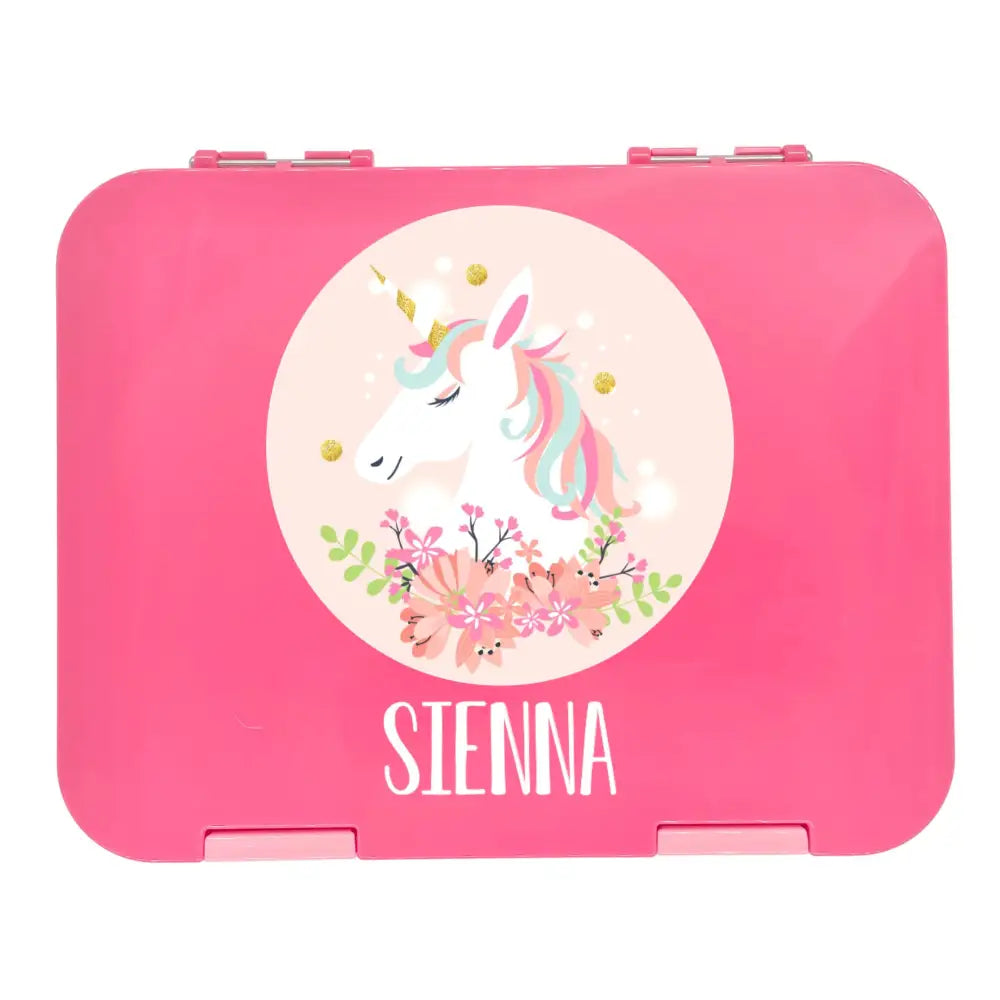 Personalised Lunch Boxes - Pink Bento Box - Unicorn Floral - Timber Tinkers