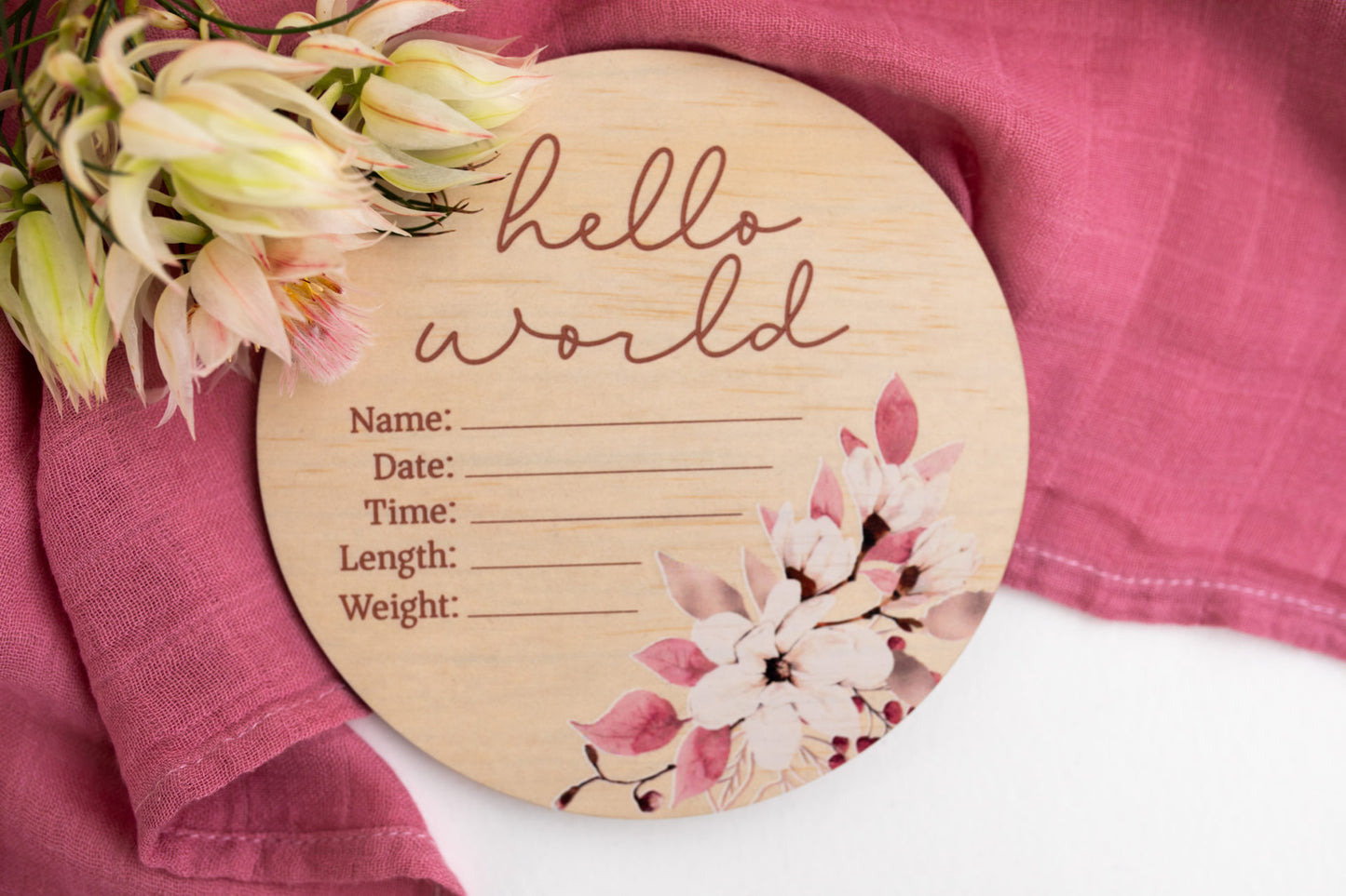Hello World Floral Wooden Birth Disc