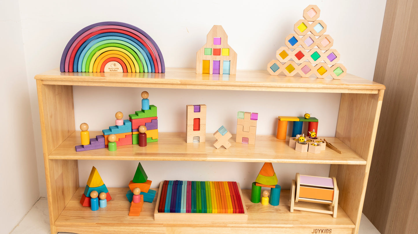 (NEW) 3 Tier Open-ended Toy Shelf -- Varnished Solid HardWood