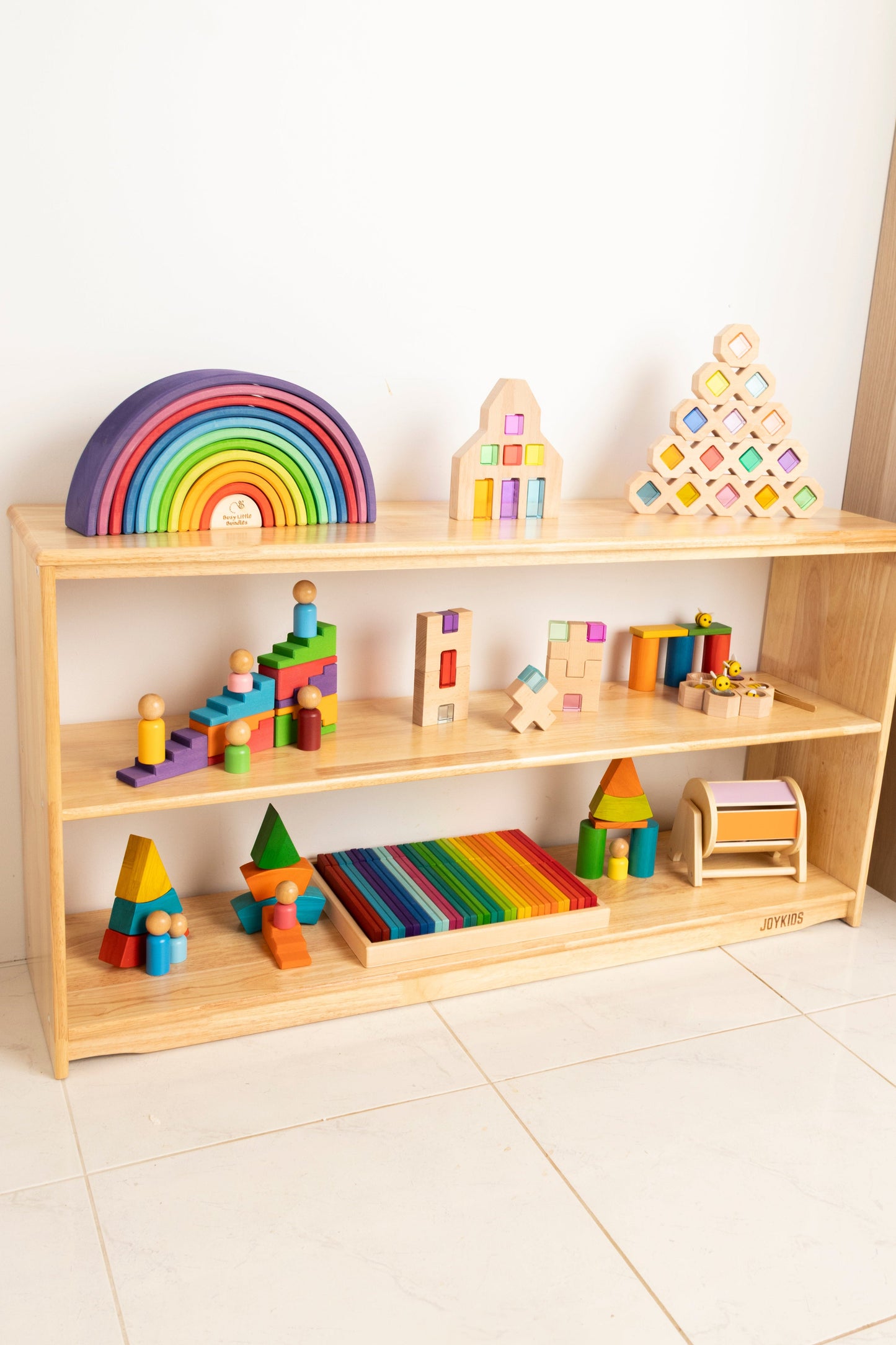 (NEW) 3 Tier Open-ended Toy Shelf -- Varnished Solid HardWood