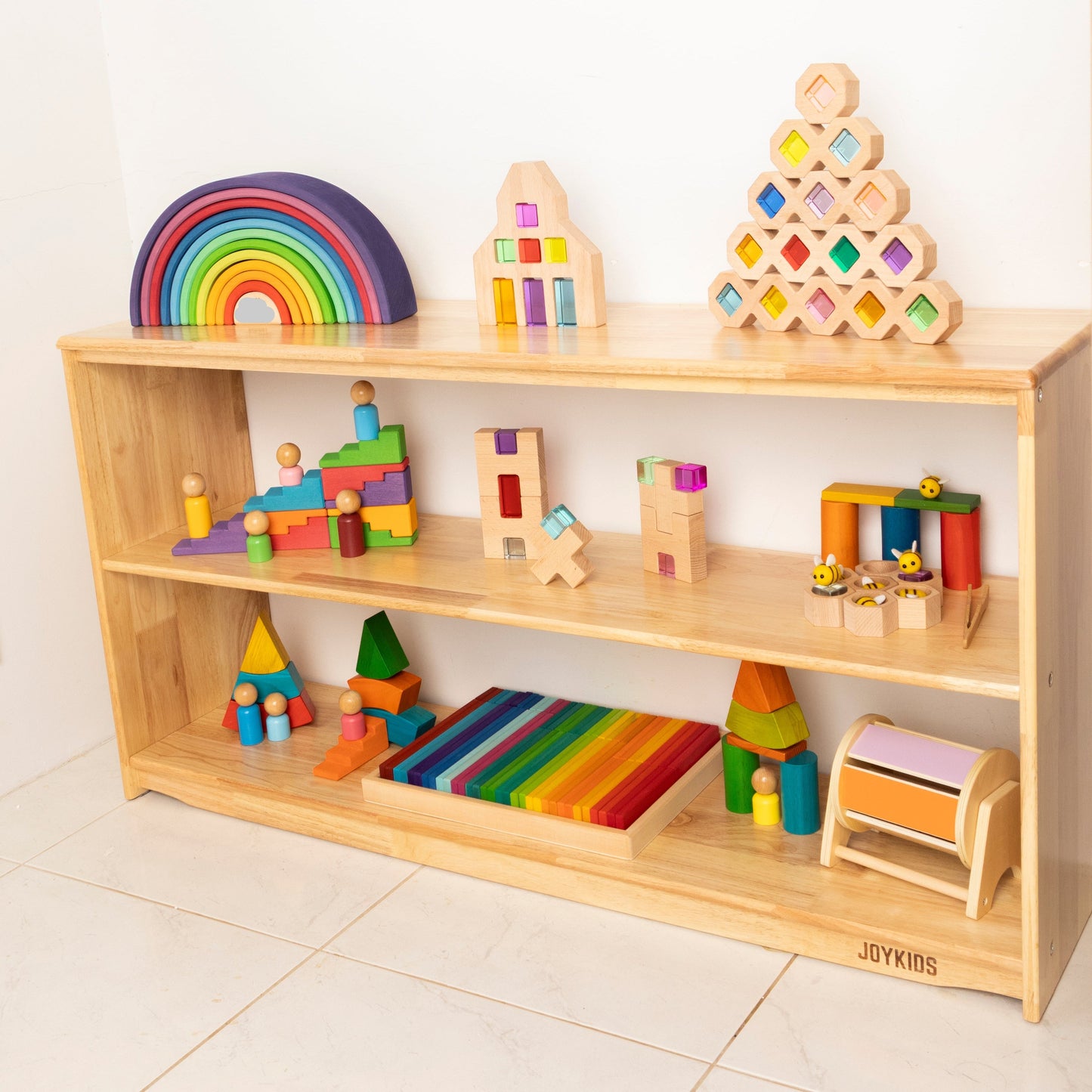 (NEW) 3 Tier Open-ended Toy Shelf -- Varnished Solid HardWood