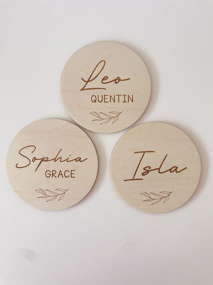 Personalised Baby Name Wood Disc - Leaf