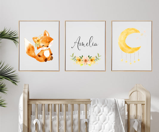 Personalised Baby Fox Wooden Canvas Print Set