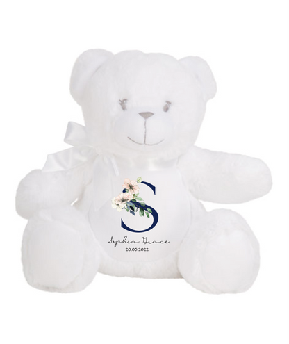 White Teddy Plush - Blue Floral