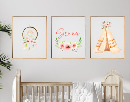 Personalised Boho Tribal Wooden Canvas Print Set