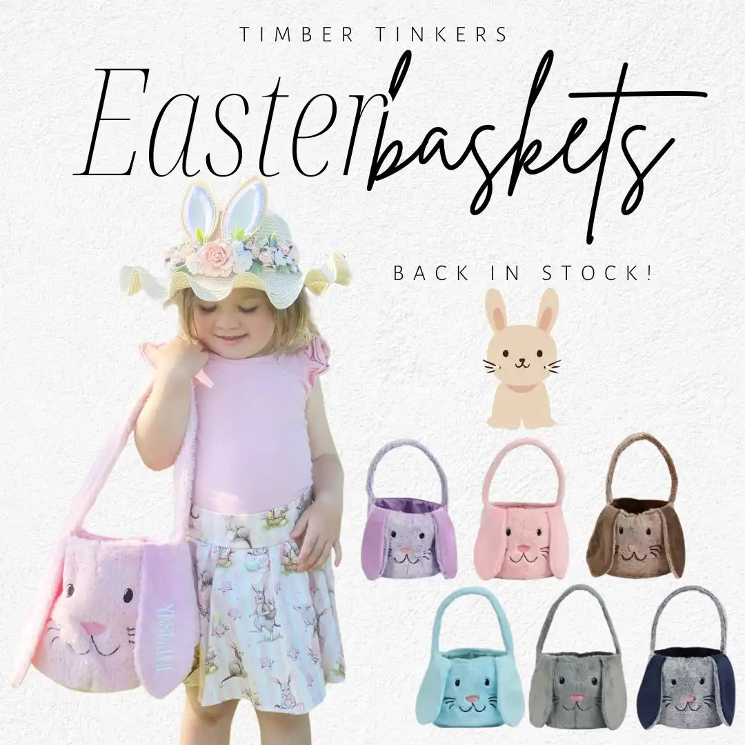 Cute bunny-themed Easter baskets in various pastel colors with rabbit face designs.