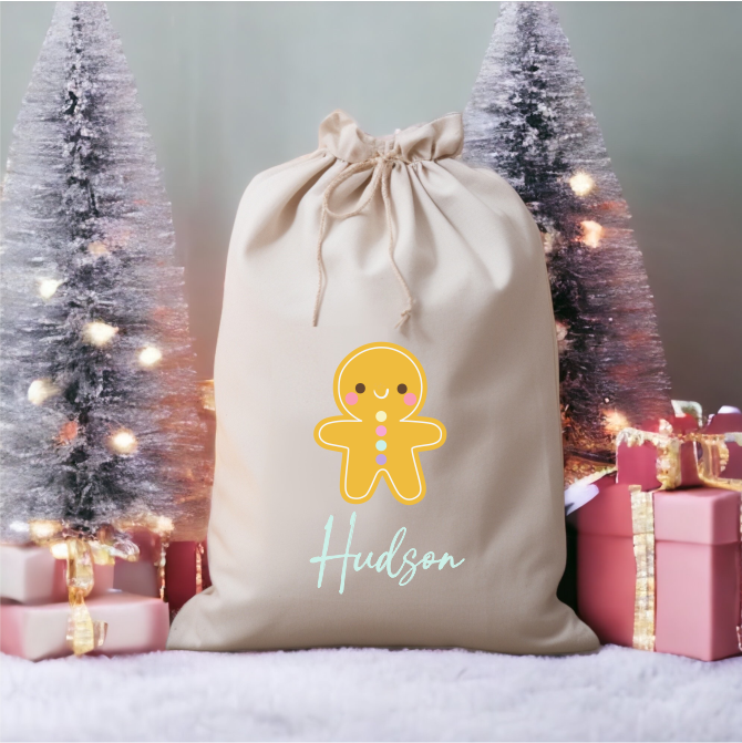 Personalised Linen Santa Sack - Gingerbread Christmas