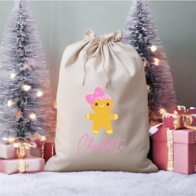 Personalised Linen Santa Sack - Gingerbread Christmas Girl