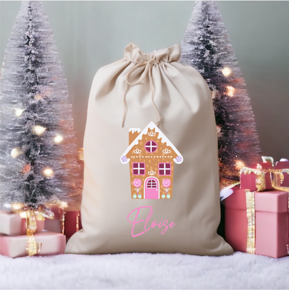 Personalised Linen Santa Sack - Gingerbread Christmas House