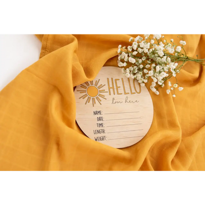 Hello I'm Here Sun Wooden Birth Disc - Timber Tinkers