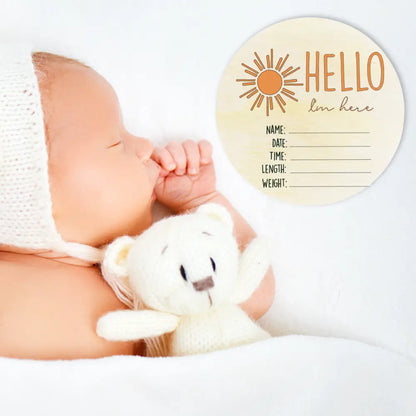 Hello I'm Here Sun Wooden Birth Disc - Timber Tinkers