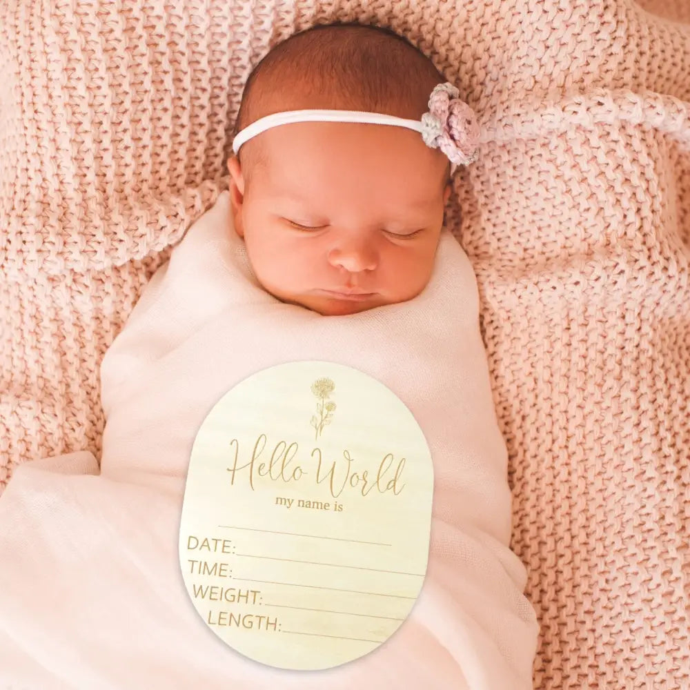 Hello World Birth Flower Annoucement Disc - Timber Tinkers