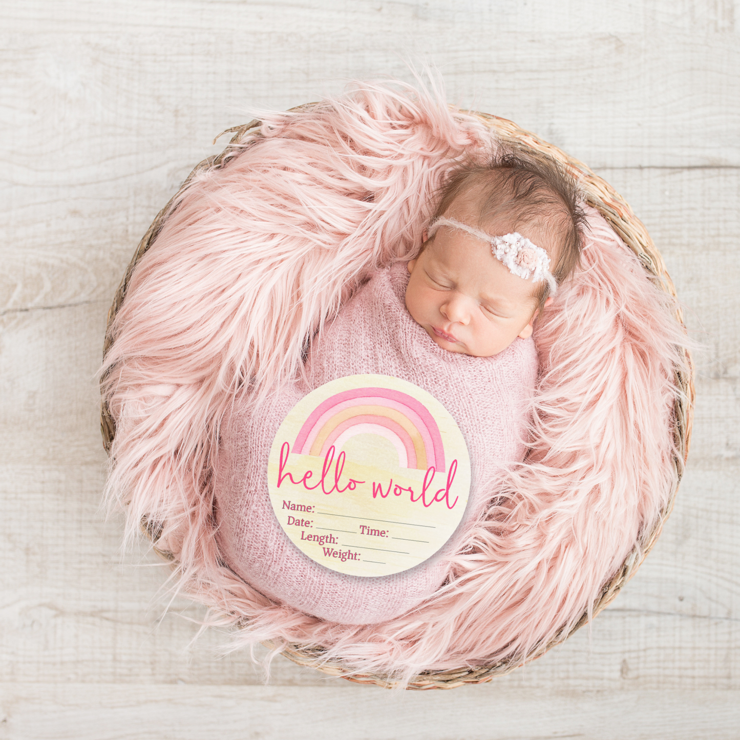 Hello World Pink Rainbow Wooden Birth Disc