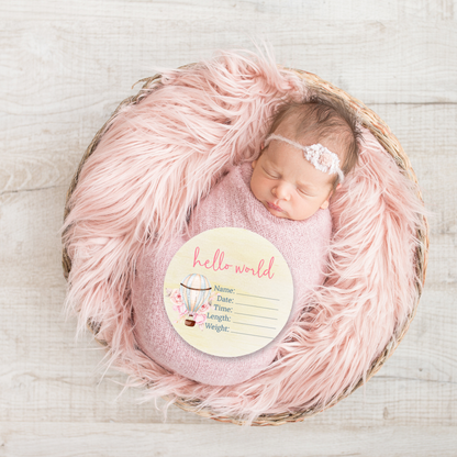 Pink Hot Air Balloon Wooden Birth Disc