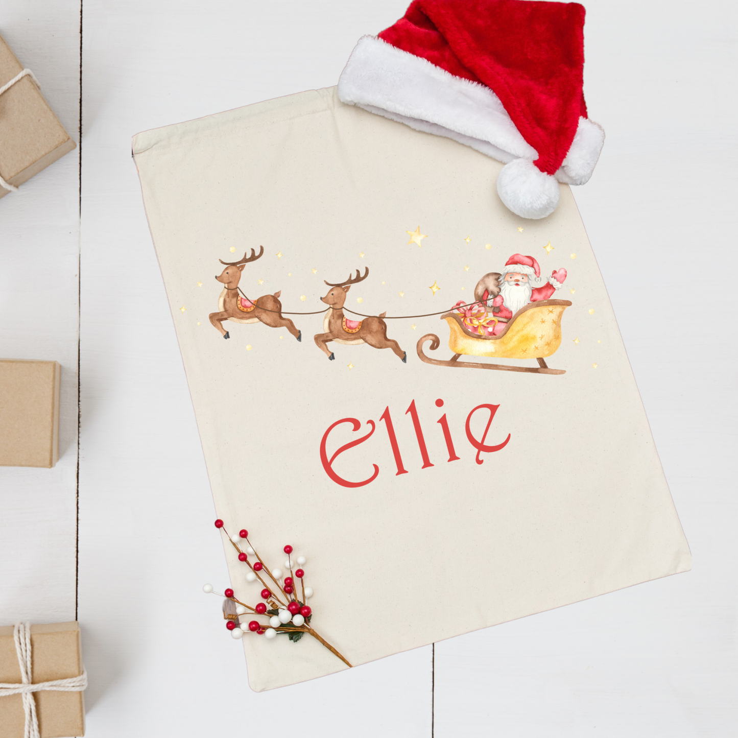 Personalised Linen Santa Sack - Santa Sleigh