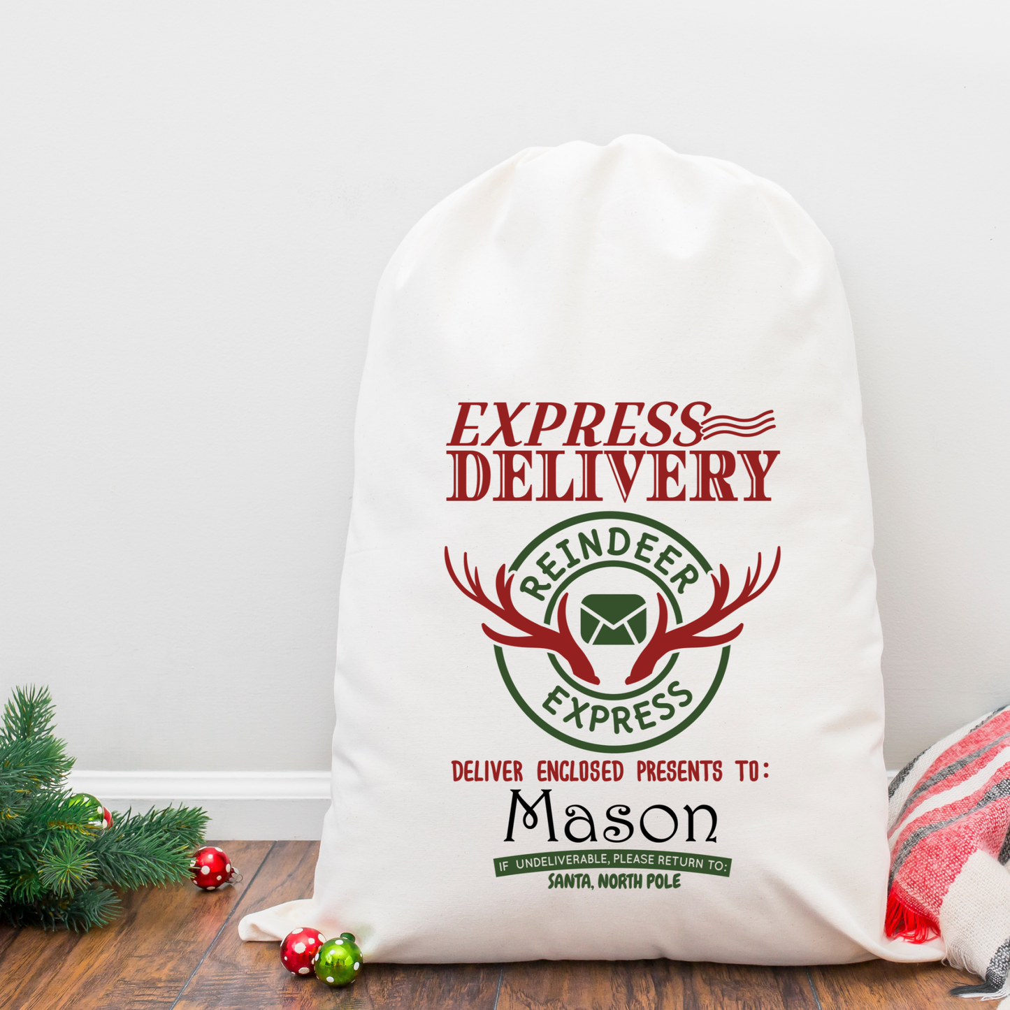 Personalised Linen Santa Sack - Reindeer Express