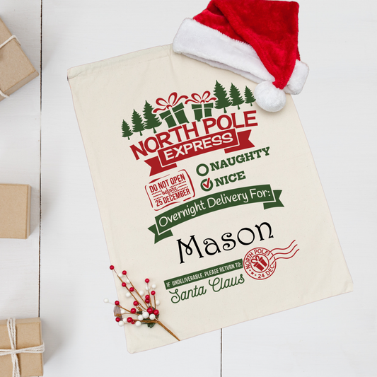 Personalised Linen Santa Sack - Christmas Tree Express