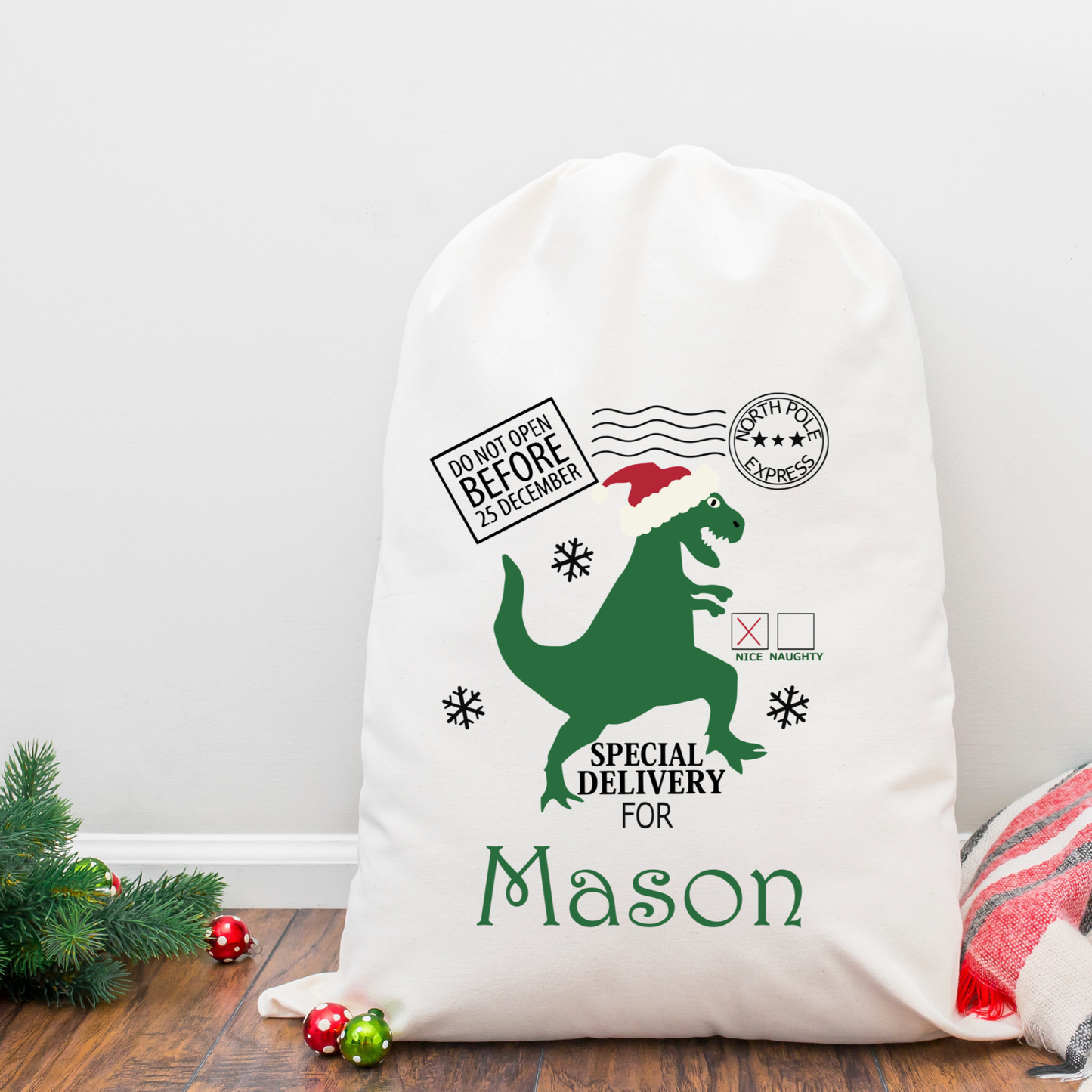 Personalised Linen Santa Sack - Dino