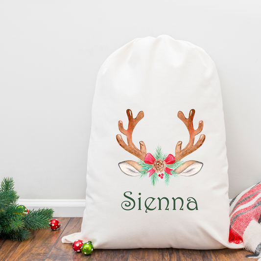 Personalised Linen Santa Sack - Woodland Animal Antlers