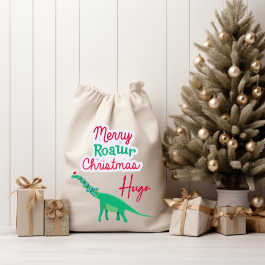 Personalised Linen Santa Sack - Merry Roawr Christmas