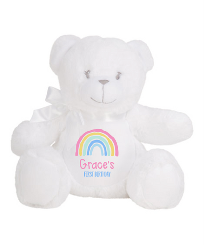 White Teddy Plush - Pastel Rainbow