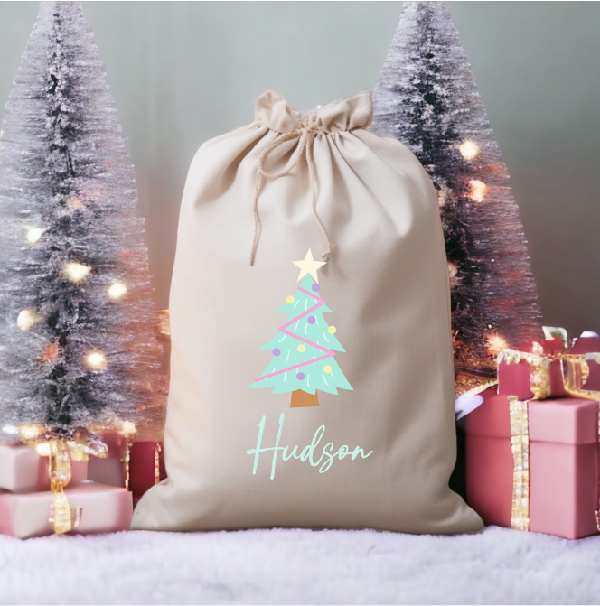 Personalised Linen Santa Sack - Pastel Christmas Tree