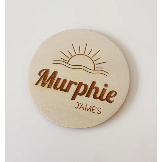 Personalised Baby Name Wood Disc - Sun - Timber Tinkers