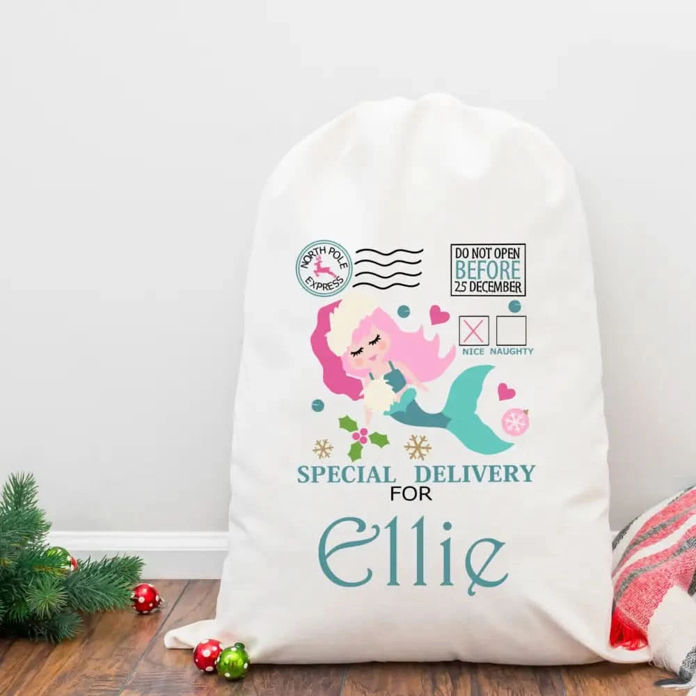 Personalised Linen Santa Sack - Pastel Christmas Mermaid