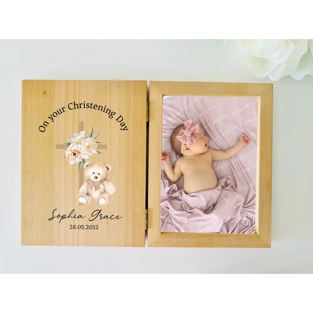 Personalised Wooden Photo Frame - Bear Christening