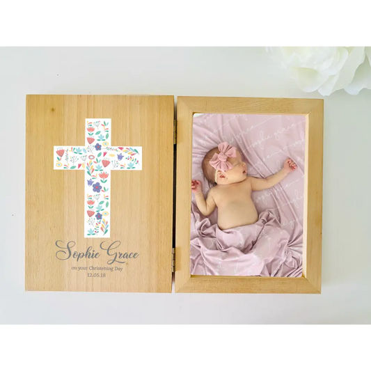 Personalised Wooden Photo Frame - Christening Floral