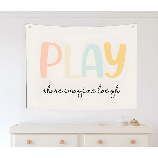 PLAY share imagine laugh Canvas Wall Hang