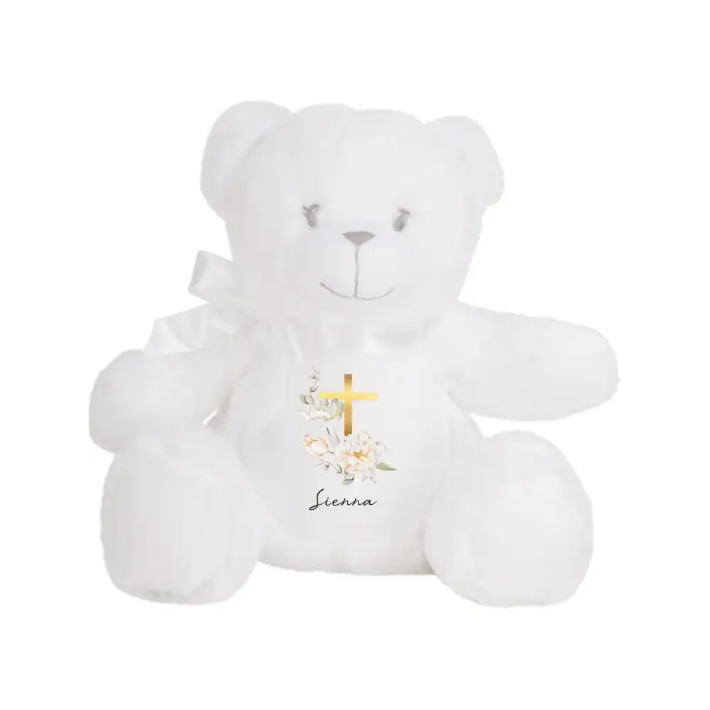 White Teddy Plush - Gold Floral Christening Bear