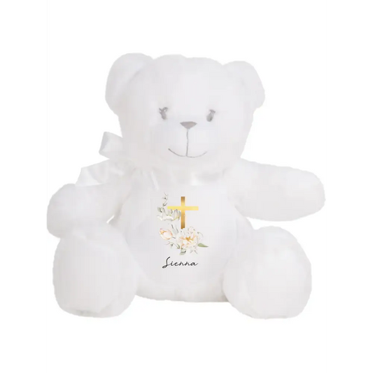 White Teddy Plush - Gold Floral Christening Bear