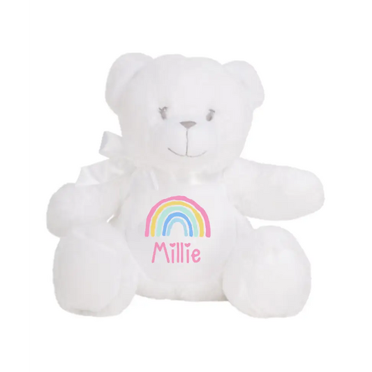 White Teddy Plush - Pastel Rainbow